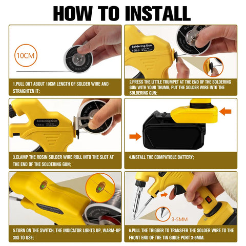Cordless Soldering Iron Kit For 20V Max Battery Systems installation guide with solder wire and battery steps displayed