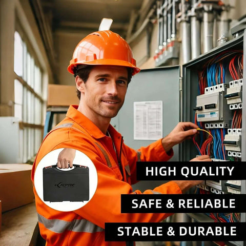 Electrician wiring an industrial panel with high-quality and reliable tools, promoting safe and durable electrical installations.