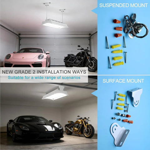 Beast Bright 250W Linear High Bay LED Shop Light Delivers 37500LM With mounting options; garage use setup, tools shown