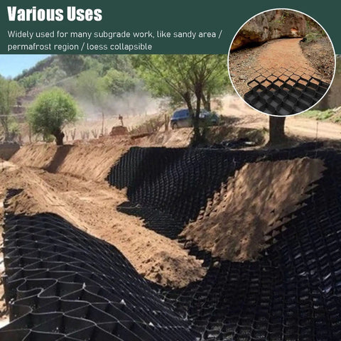 Installation of 2 Inch Geogrid Driveway And Ground Grid Stabilizer with base filled with soil, suitable for diverse terrains