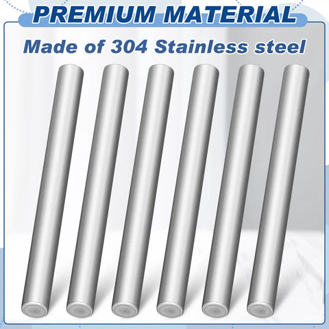 Top Shelf 6 Pack 3/8 X 4 Inch Stainless Steel Dowel Pins Heavy Duty Bunk Bed Replacement Hardware displayed in a row made of 304 stainless steel.