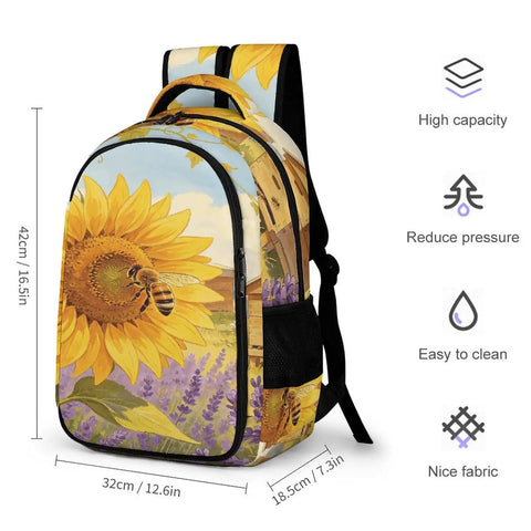 Go To Unisex Daypack With Large Capacity Sunflower Lavender Bee Farm Print Polyester Backpack with dimensions