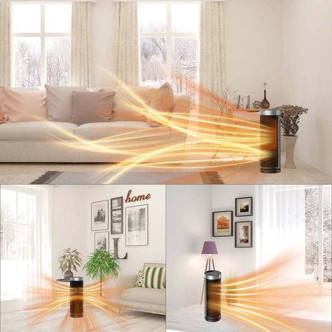 Portable Ceramic Space Heater With Remote Control, 3 Heat Settings, warming living room, showcasing airflow effect