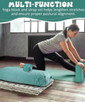 All In One Yoga Bolster Set With Blocks And Strap, Restorative Meditation Kit With Carry Handle, Non Slip, Washable Cover, Durable Sponge Bolster And Two Blocks For Balance, Pilates, Stretching, Green: woman using blocks and bolster