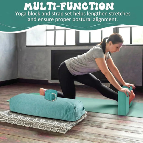 All In One Yoga Bolster Set With Blocks And Strap, Restorative Meditation Kit With Carry Handle, Non Slip, Washable Cover, Durable Sponge Bolster And Two Blocks For Balance, Pilates, Stretching, Green: woman using blocks and bolster
