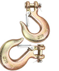Beefy Three Eighths Inch Clevis Slip Hook Set With Safety Latch Two Pack Trailer Chain Hooks For Rigging Towing And Lifting Forged G70 Hook 18000 Lbs Perfect For Trailers Winches And Transport shown in pair, side view
