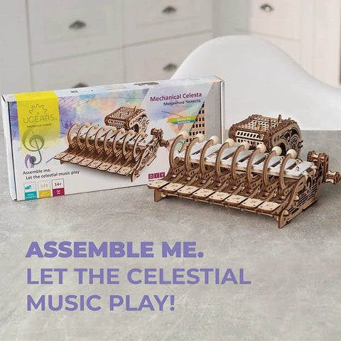Mechanical Celesta Wooden Puzzle Kit For Adults, 3D DIY Musical Instrument That Doubles As A Functional Mini Piano, Music Box And Xylophone Brain Teaser, 4.7 Inch Tall Wood Model, box shown