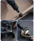 15 Piece Chuck Collet Set For Rotary Tools And Mini Drills in use on wood, metal, and textured surfaces, shows versatility.