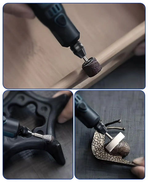 15 Piece Chuck Collet Set For Rotary Tools And Mini Drills in use on wood, metal, and textured surfaces, shows versatility.