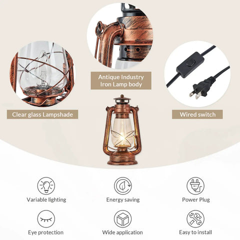 Industrial Rustic Lantern Table Lamp With Old Fashioned Oil Lamp Vibe for Farmhouse Bedroom Nightstand with features
