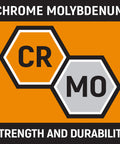 Graphic with CR-MO logo representing Chrome Molybdenum, highlighting strength and durability for Six Piece One Quarter Inch Drive Six Point Universal Impact Socket Set SAE With Beefy CrMo Steel For Strength And Durability And Off Corner Loading To Minimize Fastener Rounding.