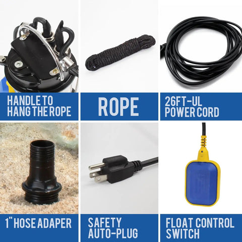 Components of the Beastly 1.6HP Submersible Sump Pump With Automatic Float Switch, High Flow 5500 GPH, 36Ft Lift.