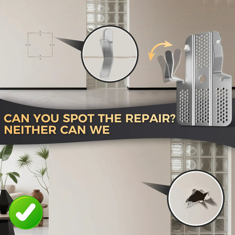 16 Pack No Sweat Drywall Repair Clips For Wall Patch Fixes Rust Resistant Stainless Steel displayed on wall with patch repair.
