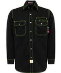Heavy Duty Flame Resistant Work Shirt For Men Features Slick Brushed Cotton Cut With Snap Down Collar And Stain Repellent Finish, black with green stitching.