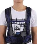 Air Compressed Cooling Vest For Industrial Crews Featuring Vortex Tube Tech, navy mesh adjustable workwear, close-up view.