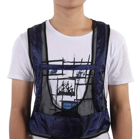 Air Compressed Cooling Vest For Industrial Crews Featuring Vortex Tube Tech, navy mesh adjustable workwear, close-up view.