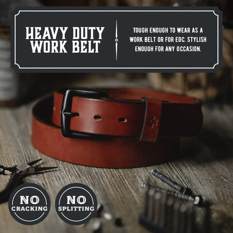 All American Leather Belt For Men Made In USA Heavy Duty Work EDC Belt Veg Tanned Full Grain American Steer Hide displayed on a wooden table