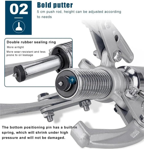 Close-up of Hydraulic Gear Puller with 2 or 3 jaws bearing hub separator, showing double rubber sealing ring and push rod.