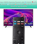 No Fuss Universal Smart TV Remote Replacement XRT136 for Vizio SmartCast with shortcut keys shown in front of a TV
