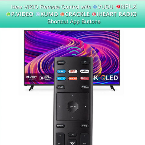 No Fuss Universal Smart TV Remote Replacement XRT136 for Vizio SmartCast with shortcut keys shown in front of a TV