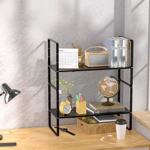 Expandable Cabinet Storage Shelf Organizer Heavy Duty Steel Space Saver For Kitchen Pantry Counter Desk Office And Garage Adjustable Height Black 1 Pack displaying books and decor.