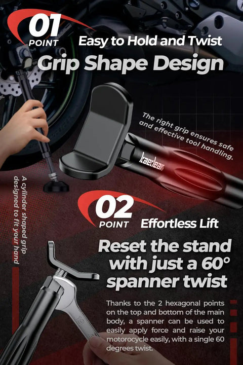 Grip shape and spanner design of the Beefy Aluminum Build Bike Maintenance Stand With Brake Holder And Ergonomic Grip Stand For Chain Cleaning Lubrication And Service Lightweight Motorcycle Stand KDRST1.