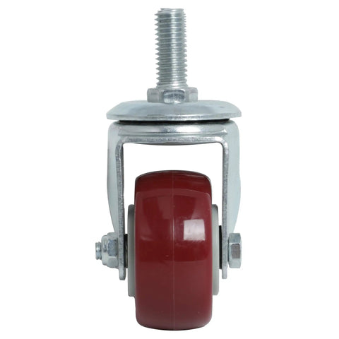 Hella Smooth 2 Inch Swivel Caster Wheels With Beefy Threaded Stem Polyurethane front view of red wheel and metal stem.