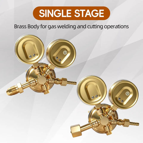 Pro Grade Oxygen And Acetylene Regulator Kit For Torch Welding With CGA540 And CGA510 Inlets Delivers 0 To 200 PSI Output From A 0 To 4000 PSI Inlet Includes Nine Sixteenth Inch Outlet Thread And One Quarter Inch Hose Connector, brass single-stage regulators