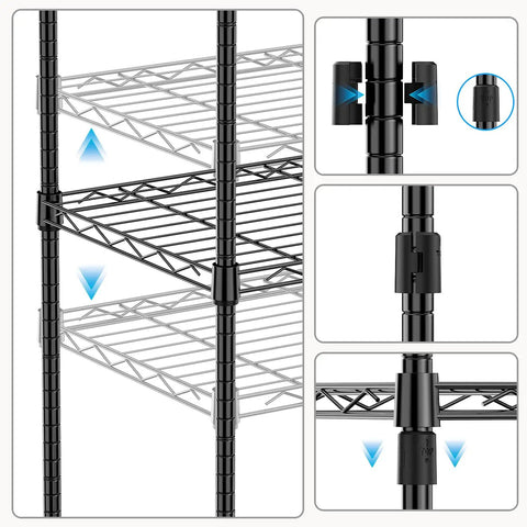 Heavy Duty 4 Tier Metal Wire Shelf On Wheels 1000 Lb Capacity Adjustable Height Storage Rack for Garage Kitchen Laundry Black Sturdy Carbon Steel Shelving Unit with Caster Wheels close-up view