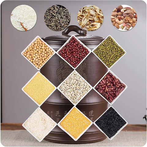 Legit Dope Old-School Ceramic Rice Canister With Tight Seal Lid, Extra Large Grain Dispenser For Coffee, Flour, Soybeans And Oats, Clean Modern Kitchen Counter Storage Vessel with various grains
