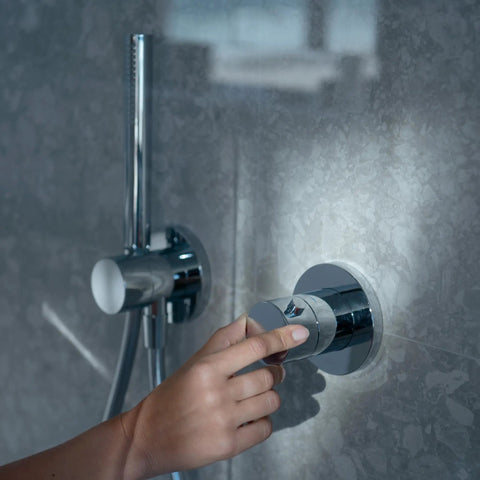 Sleek Recessed Shower System With Thermostatic Control And Anti Scald Safety Lock Chrome Plated Finish Integrated Diverter Valve with user adjustment.