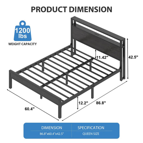 Queen Size Bed Frame With Built In Storage Headboard And Glow Up LED Lighting Featuring Dope Integrated Charging Hub With UL Certified Outlets Usb Type C Ports For Your Fresh Night Owl Bedroom Setup Black dimensions showing capacity and sizes