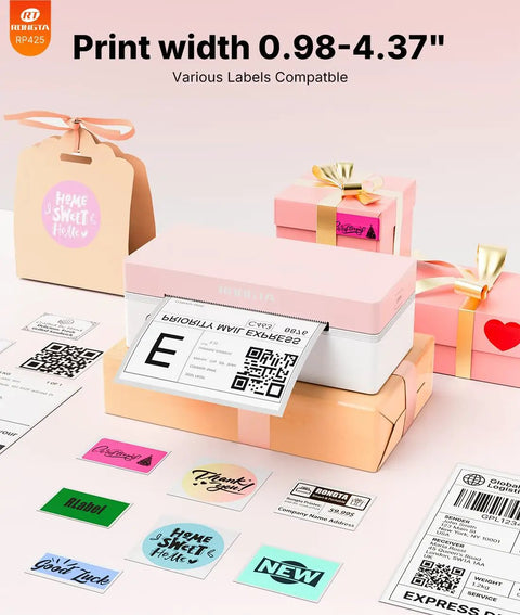 4x6 Bluetooth Thermal Label Printer For Shipping Labels And Small Business Use Wireless Printing For Packages At Home Or Office Compatible With iPhone Android iPad MacOS Windows Via Bluetooth Or USB No Ink Pink on gift boxes with labels