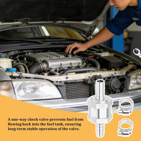 Two Piece One Way Check Valve With Mounting Clamps, aluminum alloy, 3/8 inch, installed in vehicle engine bay.