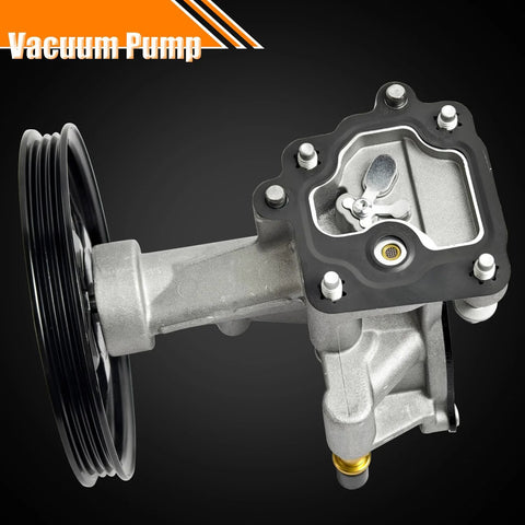 Brake vacuum pump, side view, aluminum housing with black pulley and mounting flange