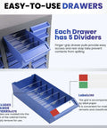 Blue ABS drawers with dividers from 75 Drawer Nut And Bolt Storage Organizer With Anti Drop Design, Heavy Duty Steel Parts Cabinet.