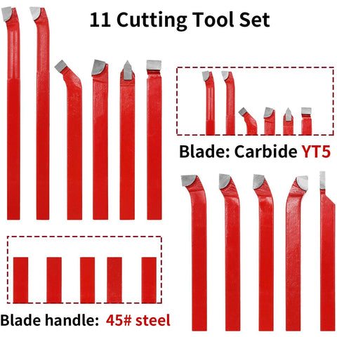 11 Piece Carbide Tip Cutter Bit Set For Metal Lathe Tooling And CNC Lathe Projects, Durable YT5 Carbide Blades With 45 Steel Handles