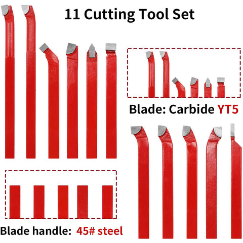 11 Piece Carbide Tipped Cutter Bit Set for Metalworking, 5/16 Inch Shank, displayed with carbide YT5 blades and steel handles