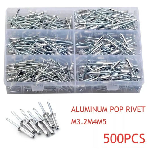 500Pcs Aluminum Pop Rivets Kit M3.2 M4 M5 Mushroom Head Blind Rivets Set For Furniture Auto And DIY Projects Pro Grade Build Heavy Duty Mushroom Head Rivets Easy Quick Install, in storage box