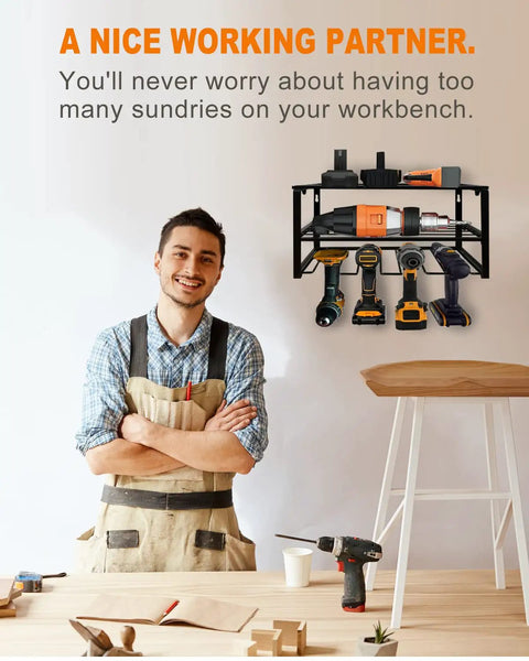 Man standing beside Power Tool Organizer Wall Mount Heavy Duty Floating Shelf For Drill And Screwdriver 150lb Capacity in garage.