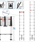 Diagram of Twelve And A Half Foot Telescoping Ladder With One Button Retraction Thickened Tube For Extra Stability showing extended and collapsed views.