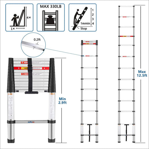 Diagram of Twelve And A Half Foot Telescoping Ladder With One Button Retraction Thickened Tube For Extra Stability showing extended and collapsed views.