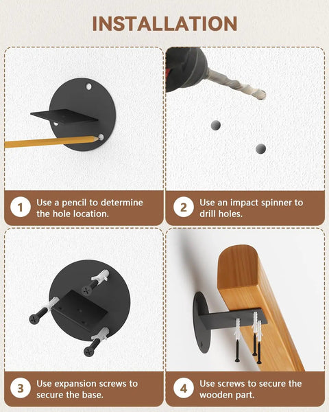 Installation guide for Rock Solid 2 Foot Wooden Stair Railing Wall Mount Handrail with step-by-step visuals for mounting.