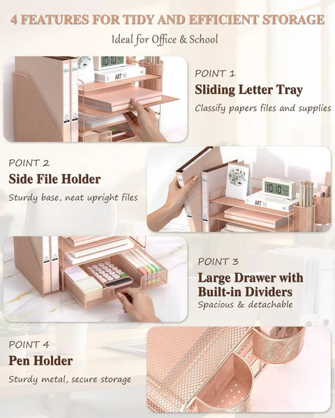 Rose Gold 4 Tier Desk File Organizer With 4 Letter Trays Vertical File Holder Sliding Drawer And 2 Pen Holders for office and school