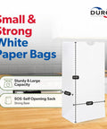 White Paper Bags with SOS Bottom, 500-Count, Size 5.00 x 3.12 x 9.75 Inches on kitchen countertop with labels highlighting features