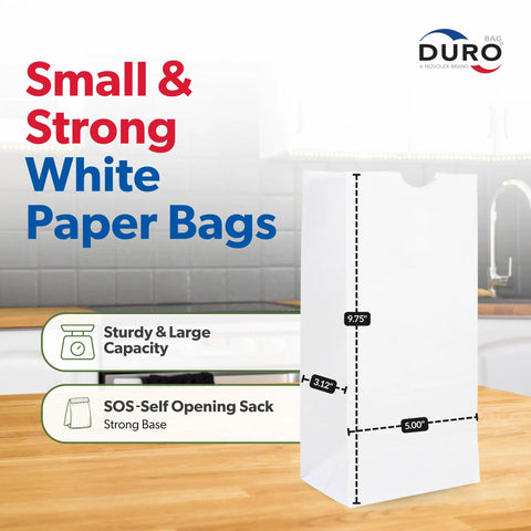 White Paper Bags with SOS Bottom, 500-Count, Size 5.00 x 3.12 x 9.75 Inches on kitchen countertop with labels highlighting features
