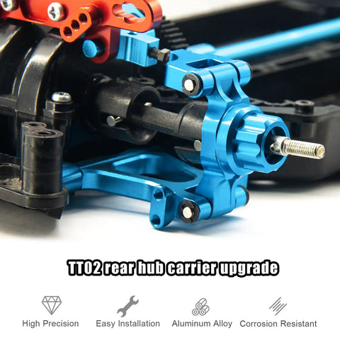 Close-up of blue Dope Aluminum Front Steering Knuckles Arm And Rear Hub Carriers Set for TT02 RC car installation