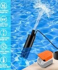 Cordless Submersible Water Pump for Dewalt 20V and 60V Batteries showing water flow and adapter beside a pool