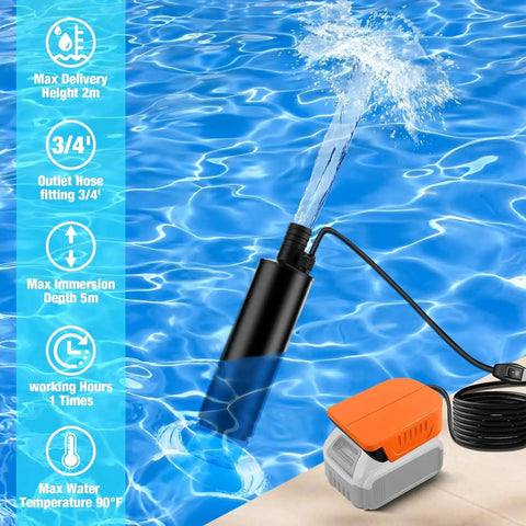 Cordless Submersible Water Pump for Dewalt 20V and 60V Batteries showing water flow and adapter beside a pool