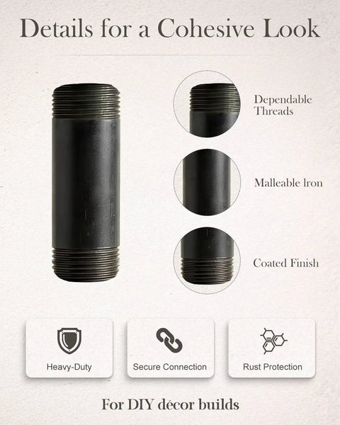 Ten Pack Three Quarters Inch By Two Inches Black Malleable Iron Pipe Nipples Fitting With Threaded Ends For DIY Steampunk Industrial Vintage Projects Ideal For Crafting Home Improvement Art Studios And Metalwork displayed with thread details